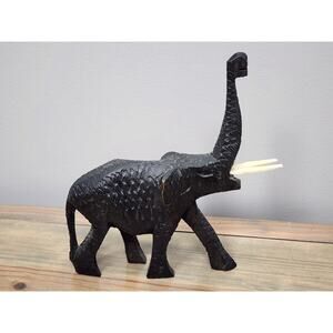 VTG Wood Carved Elephant Figure Figurine Black 8"